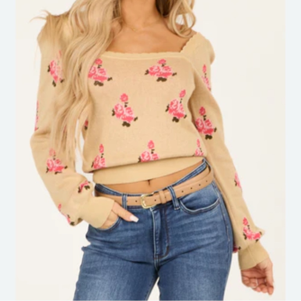Floral Knit Square-Neck Sweater Top - Beige with Pink Roses